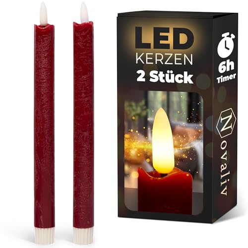 Novaliv Stabkerzen LED mit Timer Rot 2er Indoor mit 6 Stunden Timer -...