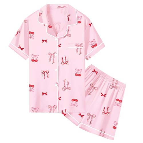 Image of Umeyda Women & Girls Pajamas Set, Soft Satin Lightweight Silk Button-Down Top with Shorts 2 Piece PJS for Mom Boys Kids Gifts
