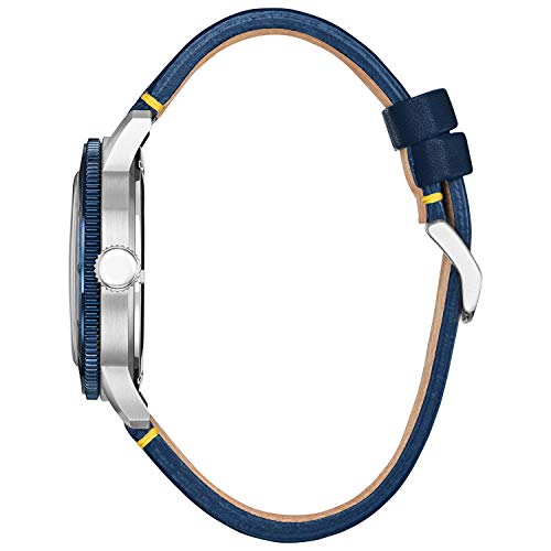 Citizen Eco-Drive Men's Disney Donald Duck Watch, Blue IP Stainless Steel on Blue Leather Strap, 3-Hand Day Date, Luminous, 44mm (Model: AW0075-06W), Silver-Tone