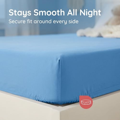 Image of Everyday Kids 2 Pack Fitted Boys Crib Sheet, 100% Soft Breathable Sheet, Fits Standard Size Crib Mattress 28in x 52in, Nursery Sheet - Train /Light Blue