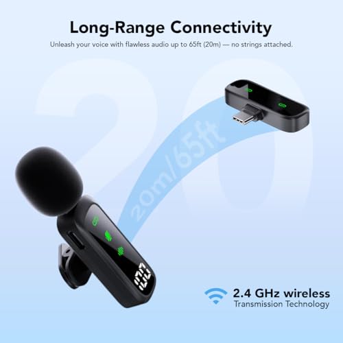Image of VOOK Wireless Microphone with Noise Cancellation & Smart Display, Type-C Mic for Android, iPhone 15,16 | 6H Battery, Plug & Play for YouTube, Vlogging & Streaming (Single Channel Type-C, Black)