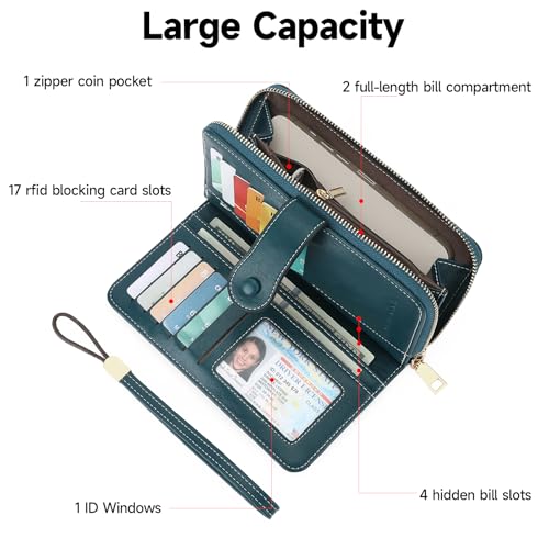Image of Wristlet Women's Wallet Phone Purse RFID Blocking Large Capacity Card Holder Leather Blue