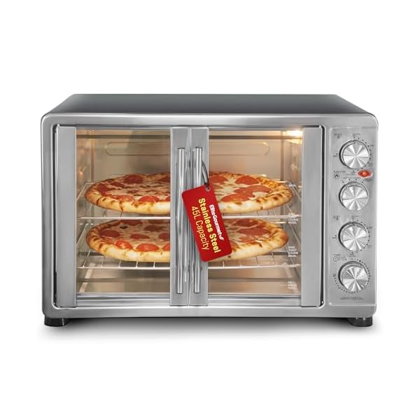 Elite Gourmet ETO-4510M French Door 47.5Qt, 18-Slice Convection Oven 4-Control Knobs, Bake Broil Toast Rotisserie Keep Warm, Includes 2 x 14″ Pizza Racks, Stainless Steel