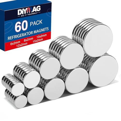 DIYMAG 60Pcs 5 Different Sizes Fridge Disc Magnets with Stainless Steel Coating for Hobbies, DIY, Kitchen, Refrigerator Magnets