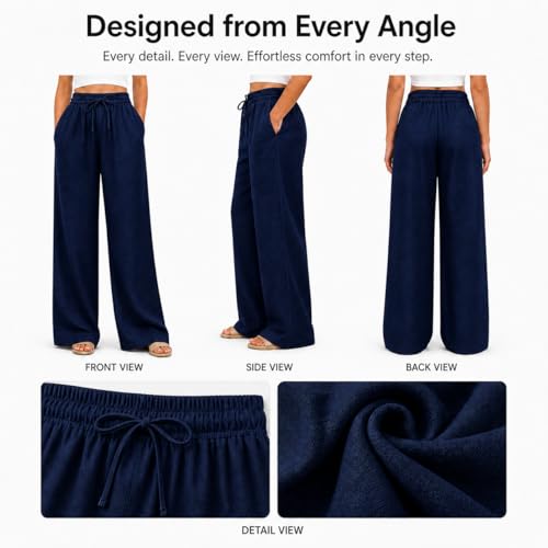 Image of Women Linen Wide Leg Pants High Waist Drawstring Elastic Waist Trousers Breathable Lightweight Summer Palazzo Pants Casual Travel Lounge Wear with Pockets