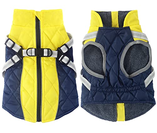 Oslueidy Wasserdichter Hundemantel, Warme Hunde Mantel Winter Hunde Jacke mit Geschirr, Winddichte Hundekleidung Weste Outfit Schneeanzug Haustier Bekleidung für kleine mittlere große Hunde (L, Gelb) Cover