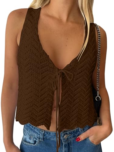 Image of LILLUSORY Crochet Tops for Women Summer Vacation Outfits Beach Coverup Going Out Tie Front Spring Sweater Vest 2026 Fashion