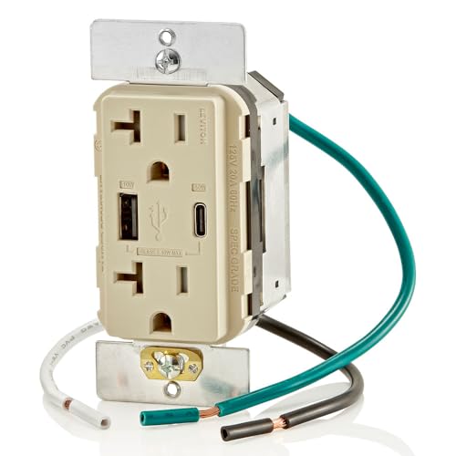 Image of Leviton T5834-I 60W (20V@2.5A+ 5V@2A) USB Dual Type A /Type-C Power Delivery in-Wall Charger with 20A Tamper-Resistant Outlet, USB Charger for Smartphones, Tablets, Laptops, Ivory