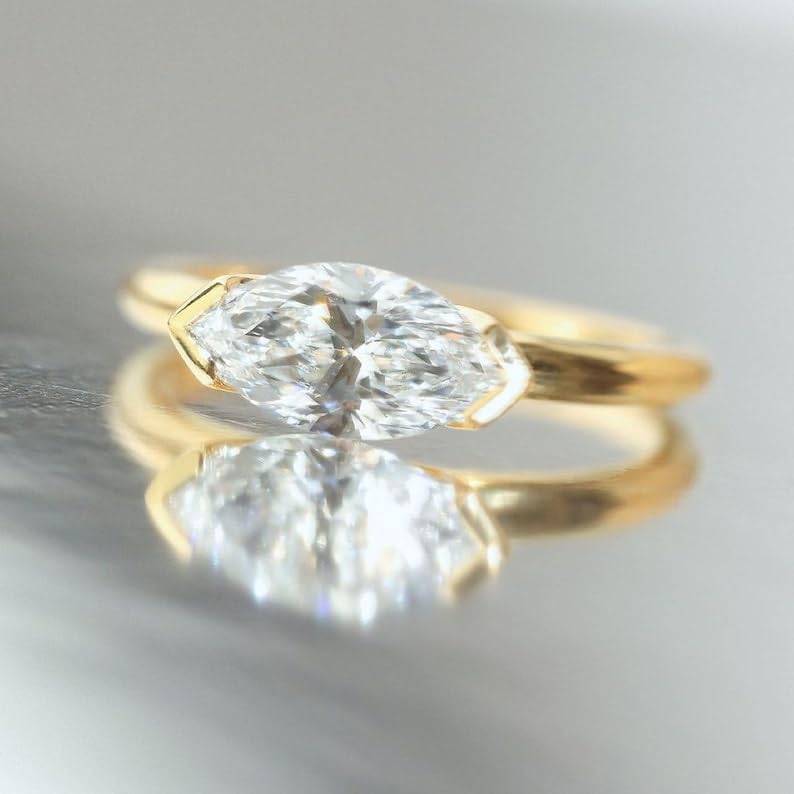 10x5 MM Marquise Cut Moissanite Solitaire Ring, 14k Solid Yellow Gold Wedding Band, East to West Marquise Engagement Ring, Semi Bezel Set Ring3