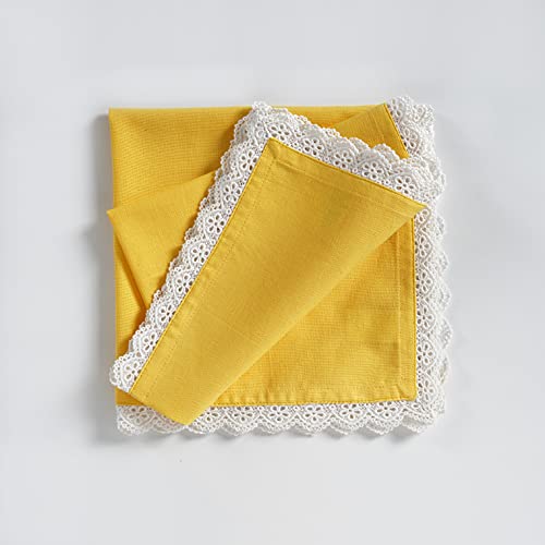 Image of FINGERCRAFT Cloth Napkins, Cotton Table Napkins with White Lace Edge, Reusable Washable Dinner Napkins for Wedding, Festive Dining, Parties & Home Decor (6, Lemon Premium Lace, 20 inchx20 inch)