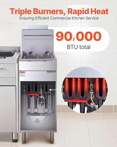 Image of VEVOR Commercial Deep Fryer, 3-Burner Fryer for Restaurants, Stainless Steel Floor Standing Deep Fryers with Dual Baskets and Adjustable Temperature, Natural Gas Powered, 40 lbs Capacity, 90,000 BTU