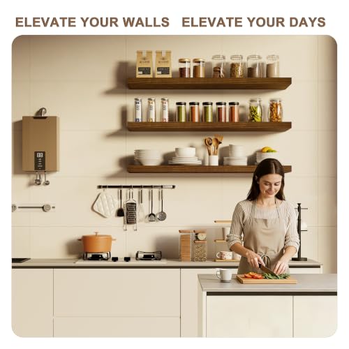 Image of 36-Inch Floating Shelves, Set of 3 Wall Mounted Storage Ledges, 12-Inch Deep Extra-Thick Solid Paulownia Wood Shelving for Kitchen, Living Room, Bedroom & Bathroom, Walnut Finish
