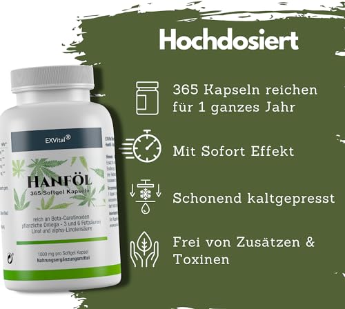 EXVital HANFÖL Kapseln - hochdosiert & kaltgepresst | 365 Kapseln (Jahresvorrat) | 1000mg je Kapsel | Laborgeprüft | pflanzliche Omega 3,6 + 9 - Hanfsamenöl | Made in Germany