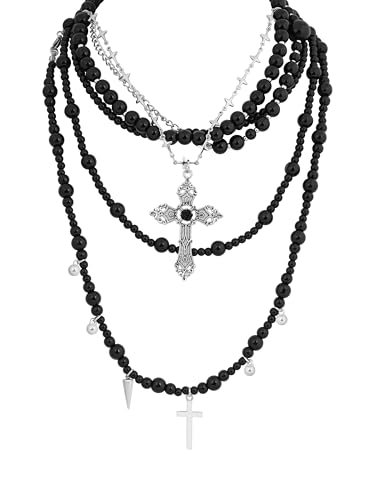 Sacina Layered Black Imitaiton Pearl Cross Choker Necklace, Black Choker, Gothic Punk Grunge Emo Necklace, Goth Jewelry, Christmas Jewelry Gift for Women