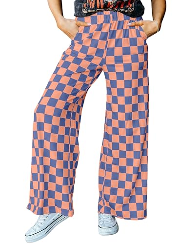 Plus Size Women's Halloween Wide Leg Pants Checkered Casual Loose High Waist Loungewear Y2K Teen Gingham Sweatpants Summer Orange Blue Plaid, 3XL