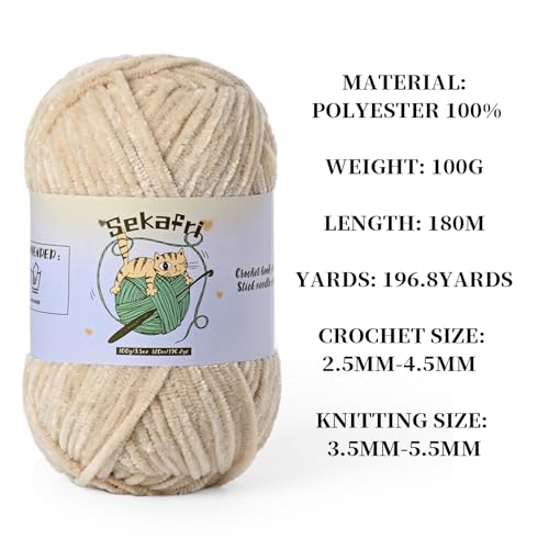 Image of 3 Pack of 300g (590yds) Fuzzy Chenille Yarn for Crocheting,Fluffy Amigurumi Crochet Yarn for DIY Craft /Hat /Clothes, Soft Velvet Baby Blanket Yarns(3 Beige)