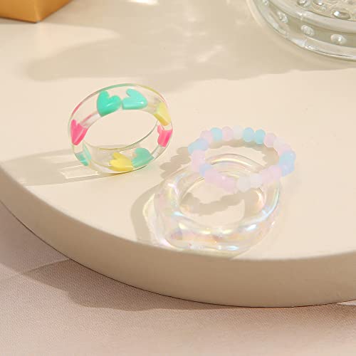 Forubus Dome Statement Acrylic Rings Set Translucent Imitation Green Jade Amber Marble Chunky Resin Rings Set For Women Girls Vsco Chic Style Jewelry (Colorful 3Pcs) #TOP7