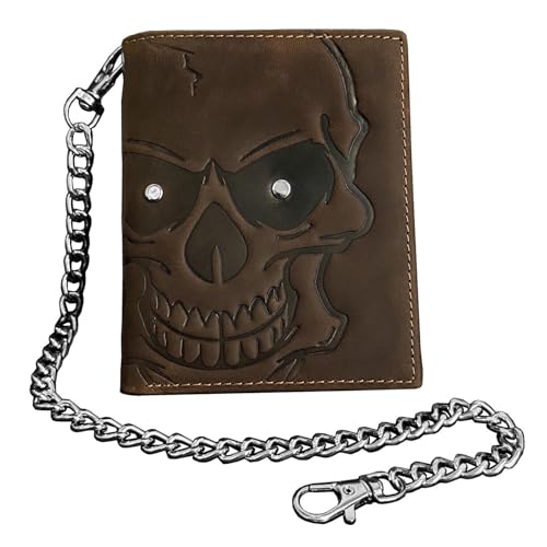 Image of XIXTUT Genuine Leather Wallet Skull Slim Card Wallet for Men Bifold Card Holder Wallet Minimalist Front Pocket Purse With Chain