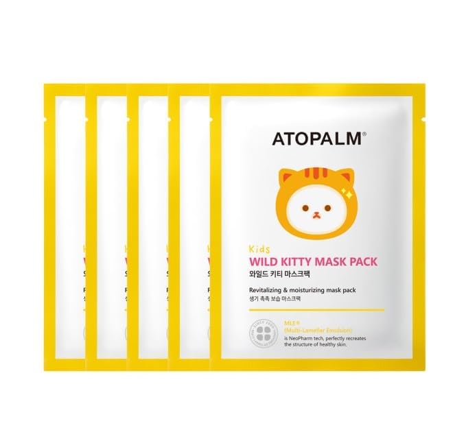 ATOPALM | Kids Wild Kitty Face Mask | Kids Face Mask | Face Mask Sheet for Kids | Child Girls Boys Teens Animal Facial Mask | Nourishing and Moisturizing Face Spa | Korean Skin Care Kids | 5 Sheets