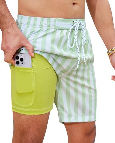 Milin Naco Mens Swim Trunks 7 Inch Inseam Compression Liner 2 in 1 Printed Swimming Short