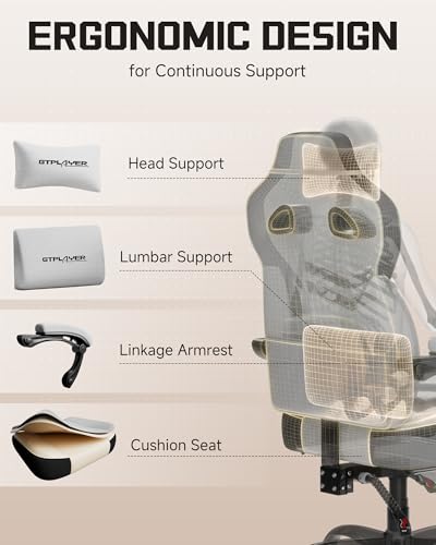 Image of GTPLAYER Gaming Chair for Adults, Ergonomic High Back Chair with Footrest | Big & Tall Computer Video Gaming Chair, Comfort Wide Seat with Lumbar Support for Big /Tall, Office /Home, Linen, Bright Grey