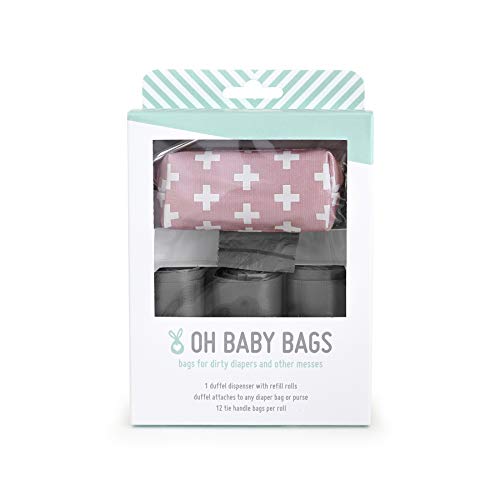Image of Oh Baby Bags Pink Swiss Dirty Diaper Bag Dispenser, Clip On Bag Holder Attaches to Any Diaper Bag, 48 Count Large Tie Handle Bags