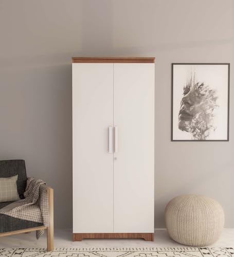 Image of COUCH CULTURE Amber Engineered Wood 2 Door Wardrobe | Almirah | Wardrobe with Hanging Rode and Lock | Storage Organizer | Multipurpose Almirah | 4 Shelves | 1 Year Warranty - White & Leon Teak