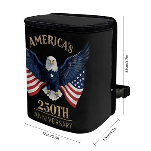 Image of USA 250 Print Car Trash Can Car Waste Basket with Lid Storage Pockets for Disposable Garbage Bag Multipurpose Collapsible Car Organizer for 4th of July