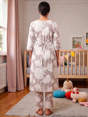 Image of RITIJYA Pure Cotton Feeding Kurta Pant Set for Women | Floral Anarkali Pregnancy Dress with Concealed Nursing Zipper Side Pocket | Pre & Post Partum | Maternity Dresses | Baby Shower Outfit