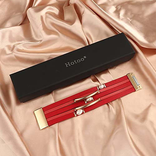 Baroque Natural Pearls Genuine Red Leather Wrap Bracelets For Women Boho Gold Tube Bracelet Multilayer Cuff Bangle Bracelet Bohemian Jewelry Gift #TOP1