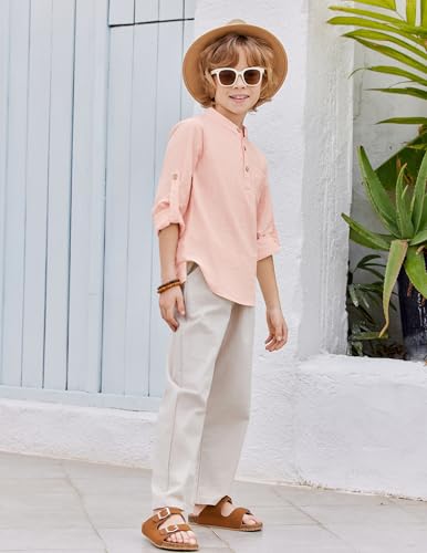 Image of Arshiner Boys Cotton Linen Henley Shirt Button Down Shirt Long Sleeve T Shirt Beach Shirt Tee Casual Solid Tops