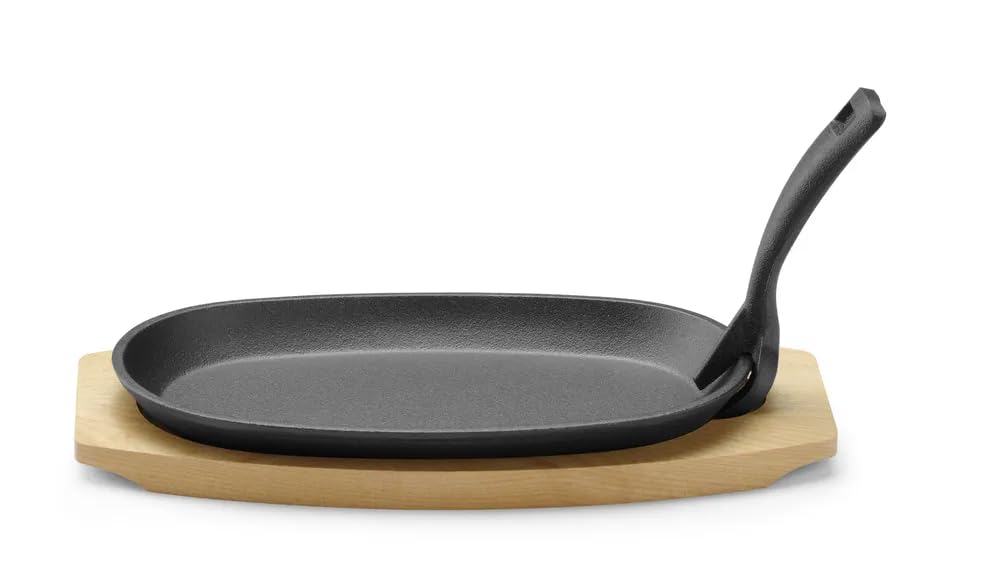 Plat en Fonte avec Dessous en Bois et poignée avec Pince, Noir, 280x140x(H) 30mm - Hendi