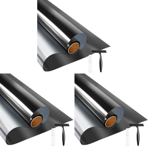 Image of KESPEN Window Privacy Film One Way Daytime Privacy Static Cling Sun Blocking Anti UV Reflective Window Tint for Home and Office, Black-Silver, 17.5 Inch X 6.5 Feet (Pack of 3)