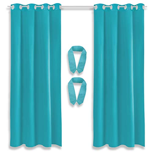 Bestlivings Lot de 2 rideaux décoratifs à œillets avec embrasses et crochets, 140 x 145 cm, Polyester, Turquoise – Bleu pétrole., 140 x 175 cm