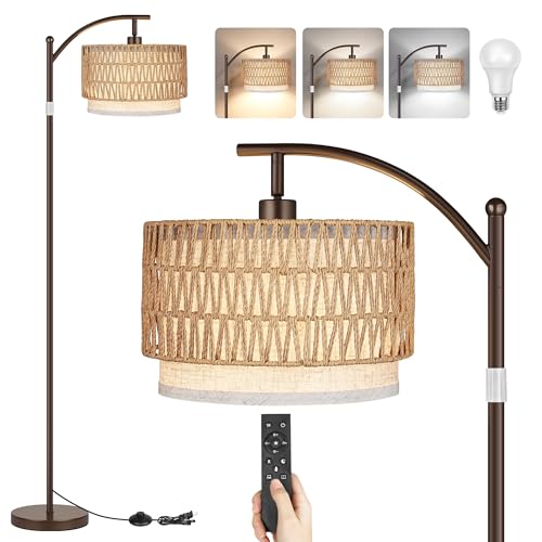 Image of Rattan Floor Lamps for Living Room, Boho Standing Lamps with Rattan& Linen Double Shades, Arc Lamps Floor Standing with 9W Bulb, Foot Switch, Brown Bohemian Floor Lamps for Bedroom, Office-Drum