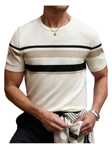 Verdusa Men's Old Money Striped Color Block Sweater Short Sleeve Crew Neck Casual Fitted Knitwear3