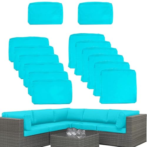 TDHLW Patio Furniture Set 14 Pieces Outdoor Brown Rattan Sectional Conversation Sofa Chair for Patio Furniture Set, Outdoor Cushion Seat Slipcovers,Lake Blue,14pc