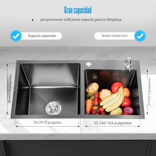 Fregadero doble empotrable de 78 x 43 cm con dosificador de jabón para mueble de cocina 5