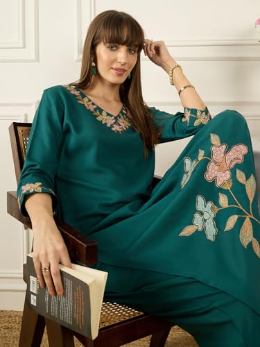 Image of INDO ERA Women's Silk Blend Floral Embroidered Straight Kurta & Pant Set (IESTR12217)