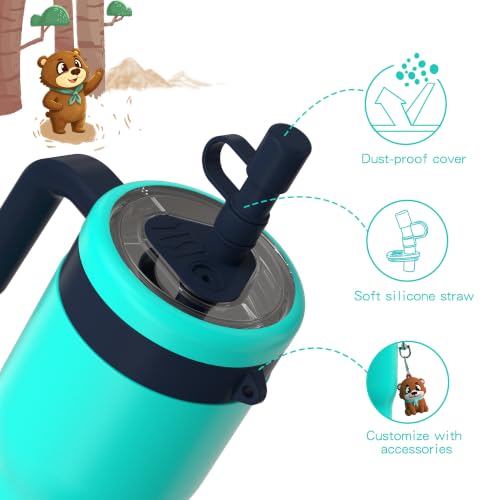 Image of OISIZ 14oz Kids Tumbler with Straw Lid & Handle,Kids Cup with Animal Accessory for School,Kids Water Bottles with Dust-proof Cover,Leakproof Bottles,316 Stainless Steel,Keep Cold 24 Hours-dark green
