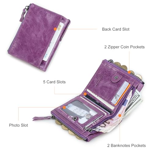 Image of CONTACTS Soft Leather Wallet for Women Small Bifold Coin Purse Double Zipper Card Holder with RFID Blocking (Purple)