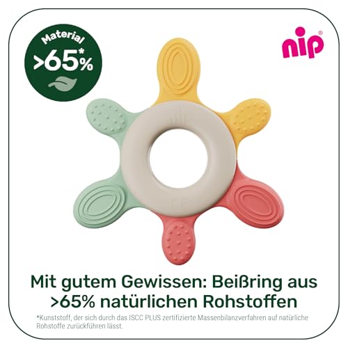nip – Beißring | Nachhaltiger Beißring für Babys ab 3 Monaten aus über 65% natürlichen Rohstoffen. Beißring zur sanften Massage von Zahnfleisch, Zunge und Zähnchen | Rot/Grün/Orange