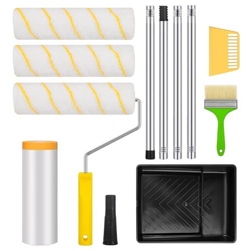 Kit Rodillo Pintura Pared, Rodillo con Accesorios, 3 Piezas Paint Roller 22 cm, Mango Alargado Reforzado 152 cm, Brocha para Paredes, Techo, Brocha Pintor, Cubeta Pintura