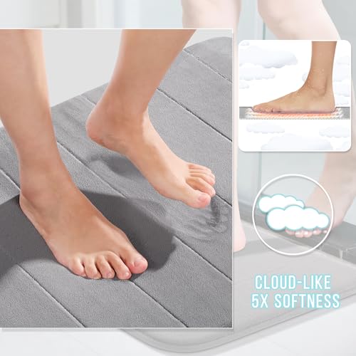 Yimobra Memory Foam Bathroom Rugs Sets 2 Piece - Super Soft Absorbent Quick Dry Bath Mat Set, Machine Washable Non Slip Floor Carpet for Tub Shower & Single Sink (17x24 & 31.5x20 Inch, Gray) - Image 4