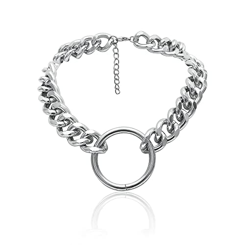 Daimay Women's Alloy Choker Necklace Heavy Cuban Chunky Chain Punk Gothic Necklaces - Silver Circle