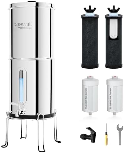 Purewell 2.25G Gravity Water Filter System with Water Level Window, 8-Stage 0.01μm Ultra-Filtration Stainless Steel Countertop System with 4 Filters and Stand, Reduce Fluoride and Chlorine, PW-KS-CF