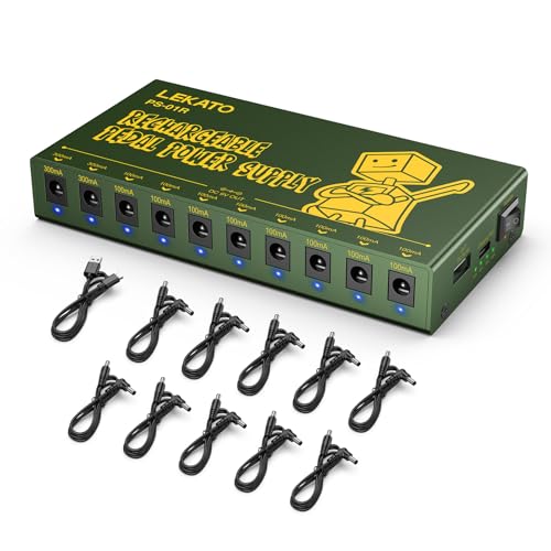 LEKATO Alimentation rechargeable pour pédales de guitare, batterie intégrée de 10000 mAh, 10 sorties CC isolées de 9V (100mA,300mA), alimentation pour...