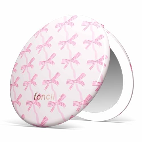 Fancii Taylor LED Lighted Travel Makeup Mirror, Rechargeable, 10x /1x Magnifying, Tru-Glow Lighting System, XL Large 5” Wide | Compact Mirror for Purses (Rosette Ribbon)