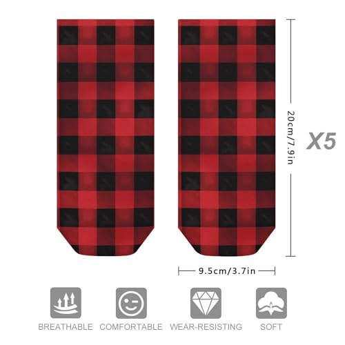 5 Pairs Ankle Socks Soft Breathable No Show Socks Comfortable Cotton Low Cut Casual Socks for Women Men Red Black Buffalo Check Plaid Pattern2