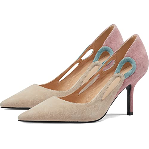 LEHOOR Women Kitten Heel Pumps Pointed Toe Suede Stilettos High Heel Dress Shoes Rainbow Slip On 2.5”Heels Cutout Sandals Multicolor Patchwork for Bridal Wedding Office Ladies Evening Party 4-11 M US